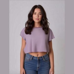 Shein Curve Womens Crop Top Size 3XL Lavender Ribbed Knit Wide Rib Lettuce Edge